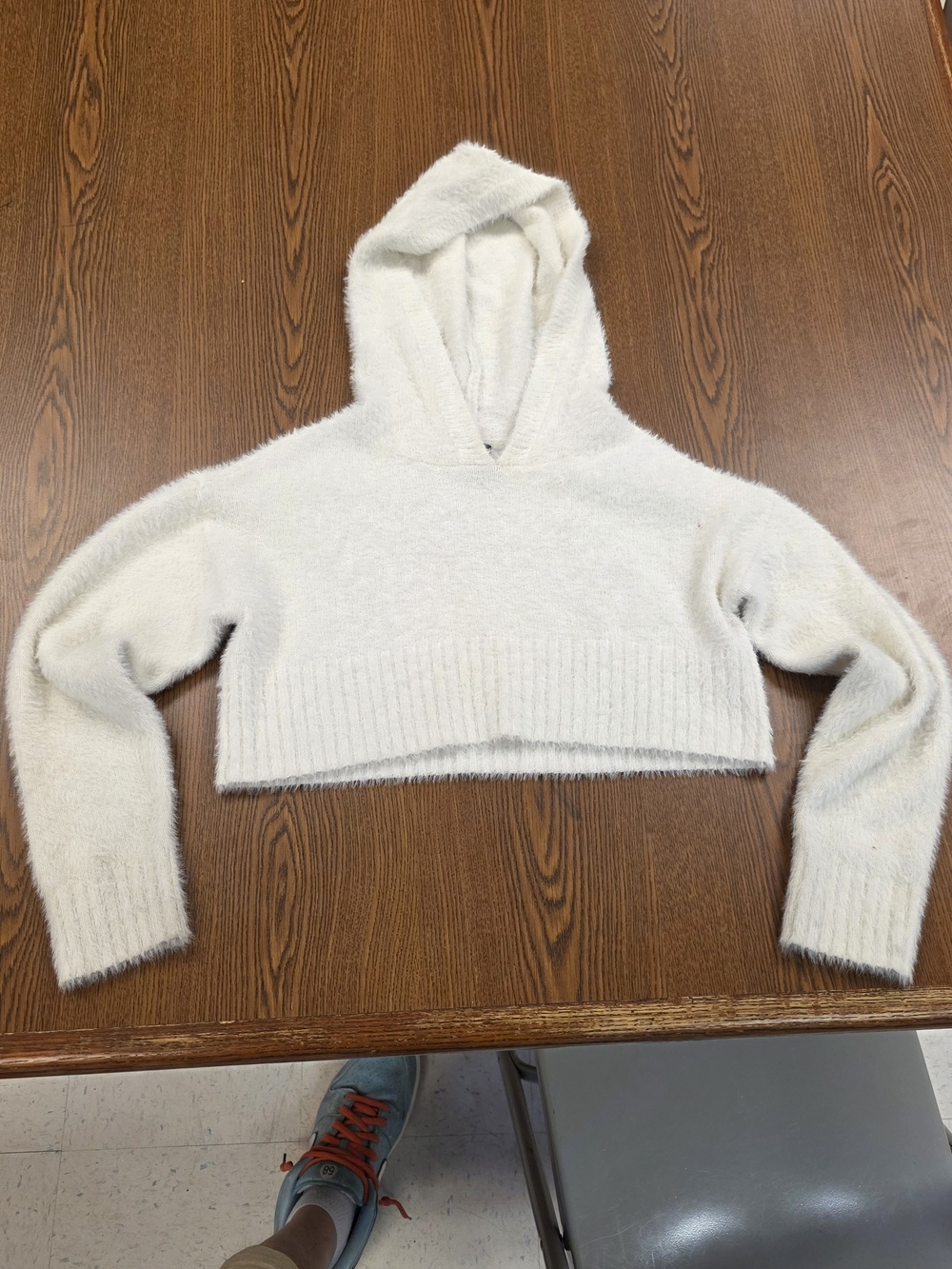 Katie J NYC Cream Fuzzy Cropped Hooded Pullover